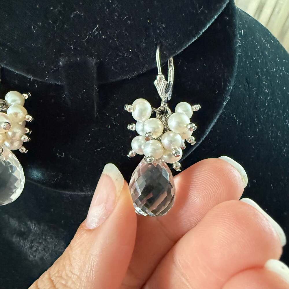 Sterling Silver Faceted Rock Crystal Quartz and Pearl Cluster Drop Earrings - Picture 3 of 6